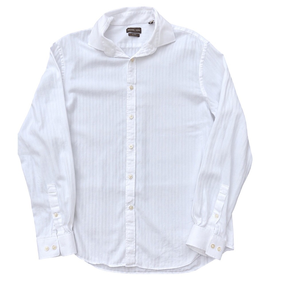 Michael Kors Shirt Mens L White Herringbone Slim Fit Button Down 16.5